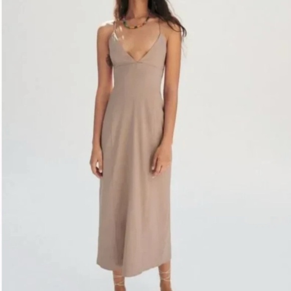 Zara Linen Blend Open Back Halter Tan Sleeveless Dress Size L  New - Picture 6 of 13